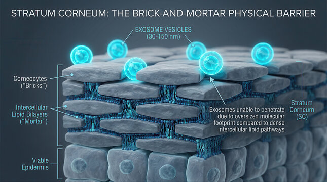 Stratum Corneum Structure and Function, featuring exosome serum, skin barrier, exosomes, corneocytes, lipid bilayers, epidermis, biological barriers, cellular structure