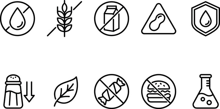 Food allergy warning and dietary restriction line icon set with gluten free dairy free low sodium no sugar and organic symbols