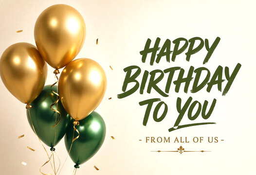 Happy Birthday Greeting Card with Gold and Green Balloons