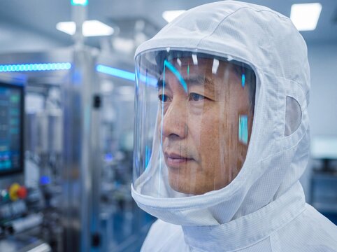 Cleanroom worker wearing a protective hood and visor