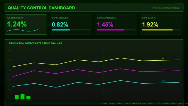 Digital quality control dashboard interface with fluctuating data charts and real-time performance analytics, industrial monitoring, systems supervision