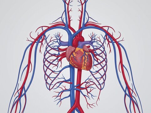 Human circulatory system and heart vector illustration. Detailed anatomical diagram showing arteries, veins, rib cage, and cardiovascular network. Medical education graphic for science.
