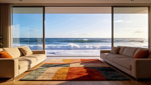 Modern living room with large glass walls overlooking a turbulent ocean and clear sky