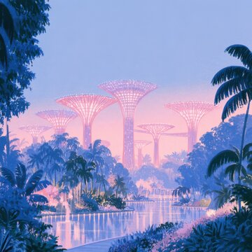 Futuristic giant tree structures in a lush tropical garden reflecting in water at sunset