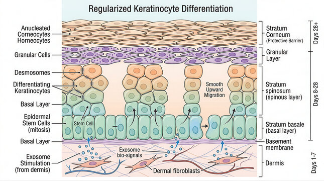 Regularized Keratinocyte Differentiation Illustration, featuring exosome serum, skin biology, epidermis, cell layers, stem cells, granular cells, basal layer