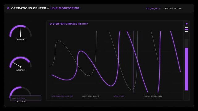 Data dashboard analytics with fluctuating purple line charts and gauges for system performance tracking