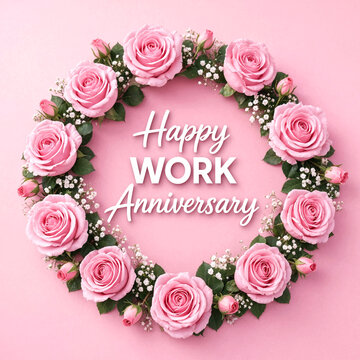Pink roses work anniversary celebration floral wreath design with white text