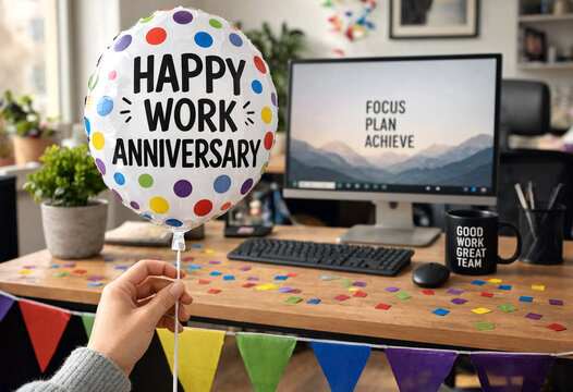 Person Holding Work Anniversary Balloon Near Office Desk with Decorations