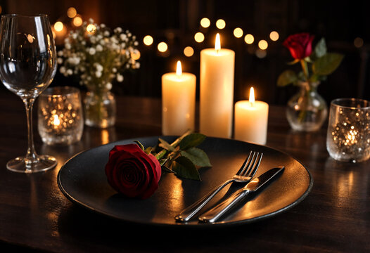 Romantic Dinner Table Setting With Rose Candlelit Ambiance