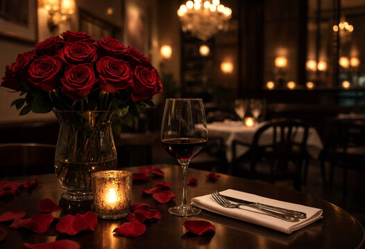 Romantic dinner table setting with red roses wine glass candlelight ambiance
