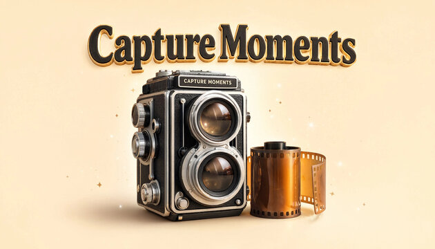 Vintage twin lens reflex camera with film roll and capture moments text on beige background for photography concept
