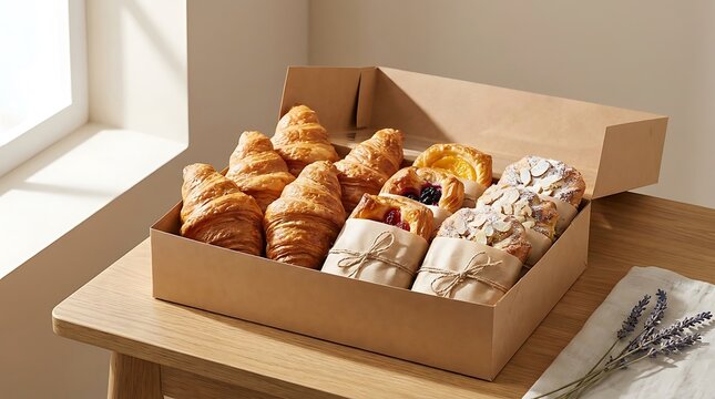 Fresh baked croissants and pastries in a cardboard box sitting on a wooden table in a home kitchen. pastry delivery wraps