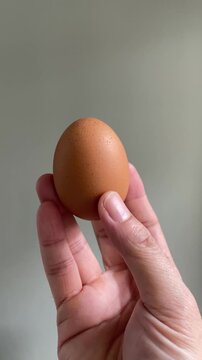 Close up of a person's right hand holding a fresh raw chicken egg against a clean background