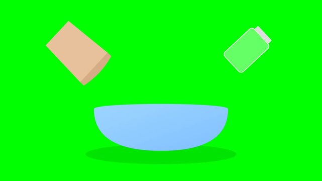 Animated spatulas mixing ingredients in a bowl on green screen.