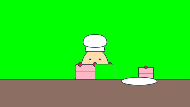Cartoon character slicing pink cake on green screen table.