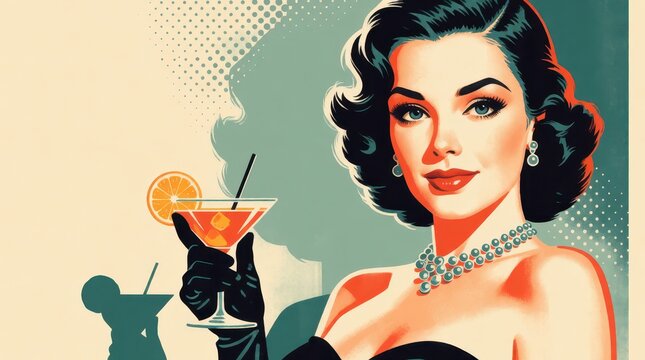 Retro illustration of a glamorous woman in a black dress holding a cocktail with an orange slice