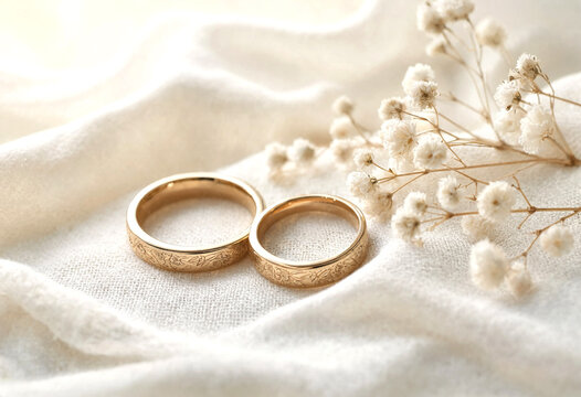 Two Gold Wedding Rings Placed Beside Dried Babys Breath Flowers
