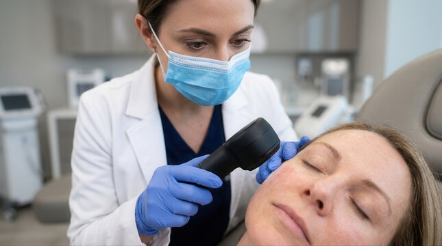 Dermatologist Performing Skin Treatment, featuring exosome serum, dermatology, facial care, healthcare, beauty, medical professional, cosmetic procedure