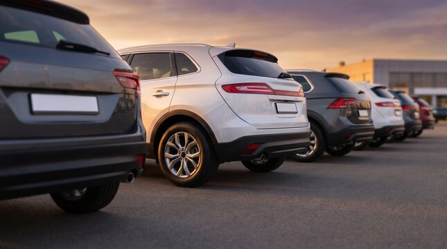 Row of modern crossover SUV cars parked in a dealership lot during sunset golden hour