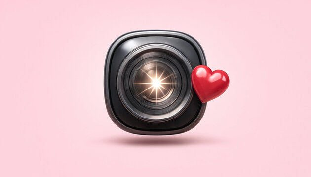 Camera lens with red heart symbol floating on pink background representing love for photography concept