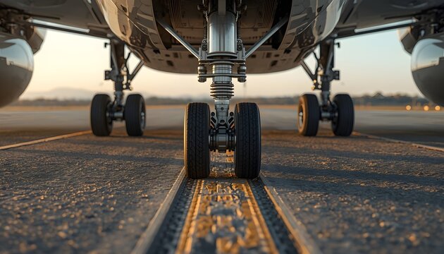 Low angle close-up of a passenger airplane landing gear on the runway at sunset. Perfect for aviation, travel, and logistics industry projects.