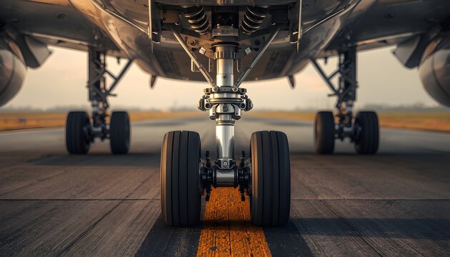 Close-up of airplane landing gear on the runway during golden hour. Symbolizes travel, aviation technology, and transport logistics.