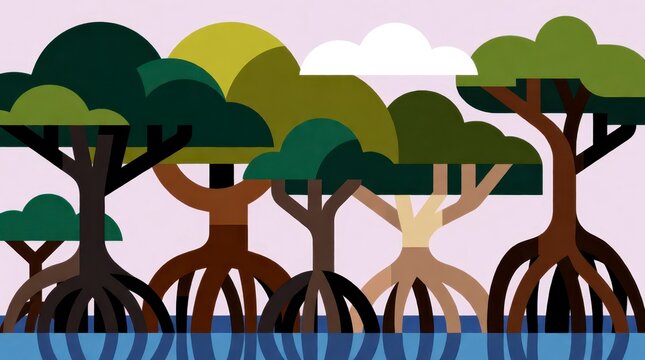 Stylized flat vector illustration of a mangrove forest with exposed roots and a single white cloud