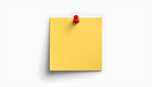 A blank yellow sticky note attached with a red push pin isolated on white background. Perfect for business reminders or creative project concepts.