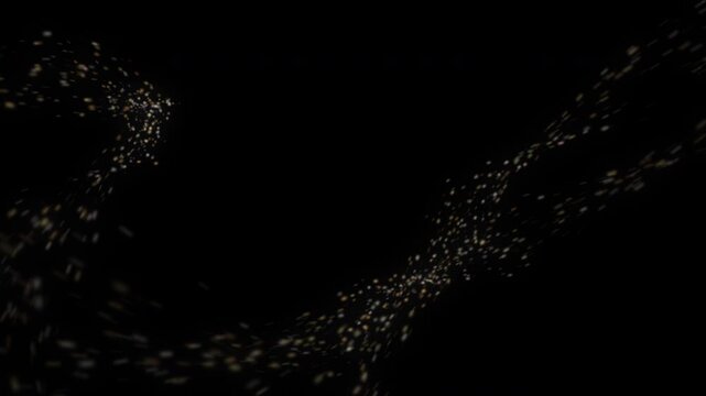 Wide ribbon of tiny gold sparkle particles drifting through dark space. Seamless loop background and overlay with alpha channel for wedding, luxury, festive and fantasy scenes.