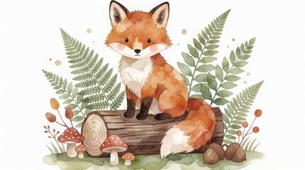 Fototapeta premium Cute watercolor fox sitting on a wooden log surrounded by ferns and mushrooms on a white background