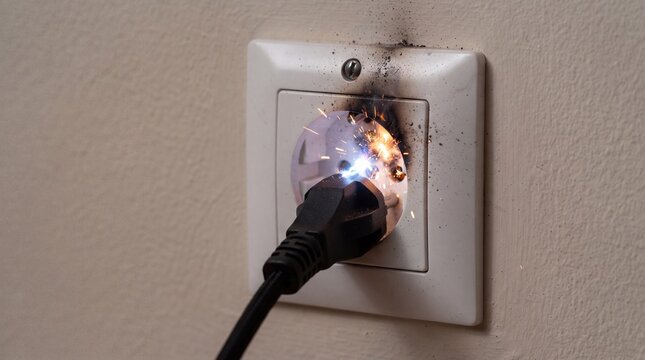 Short circuit sparking from electrical outlet with plug on textured wall