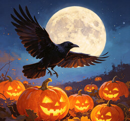 Fototapeta premium Spooky Crow Silhouette Under a Full Moon
