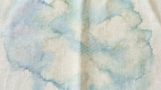 Blue and green watercolor paint soaking into white linen fabric