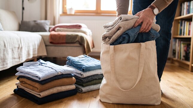 Person folding clothes into a tote bag, home organization concept