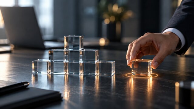 Human hand placing transparent glass cubes on dark table surface representing building blocks of business growth.