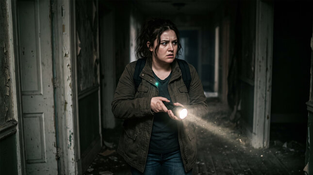 Concerned woman holding flashlight walking through dark abandoned hallway