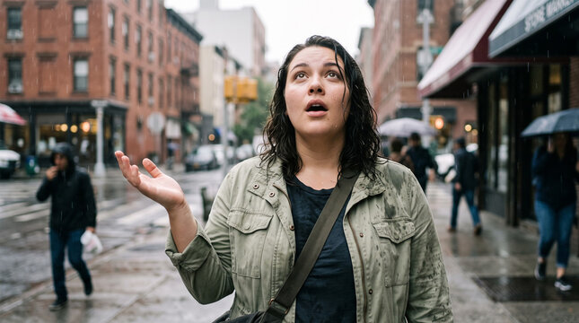 Surprised woman looking up with hand outstretched in sudden city rain shower