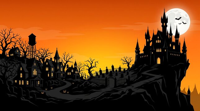 Spooky halloween landscape featuring a dark gothic castle on a cliff, a haunted village, a graveyard, and a full moon in orange sky