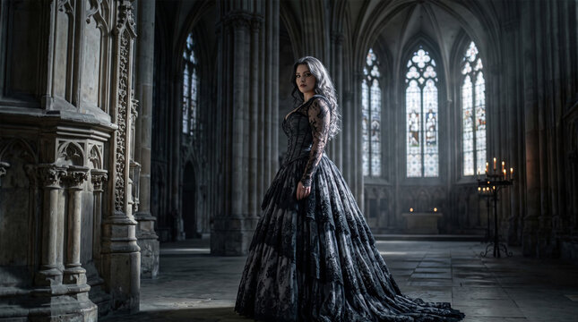 Dramatic portrait of elegant woman in gothic black lace gown in historic cathedral