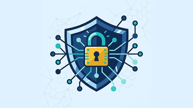 Cybersecurity shield with a padlock and network connections, symbolizing data protection and digital security
