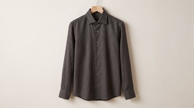 Men's Dark Grey Textured Dress Shirt Hanging on Wooden Hanger