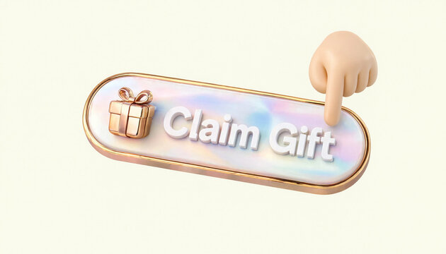 Hand pointing at claim gift button with gift box icon on iridescent background for reward concept
