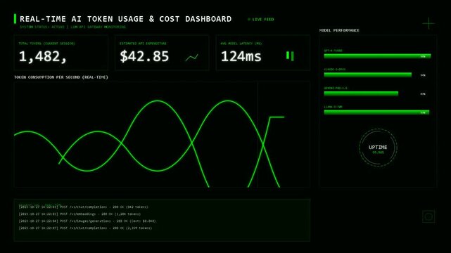 Digital green interface with sine wave oscilloscope and numerical data monitoring, financial tracking, scientific analysis, system diagnostic dashboard display