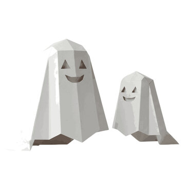 Two Cute Flying Sheet Ghosts in 3D Origami Paper Style
