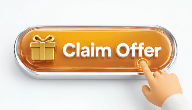 Hand pressing claim offer button with gift icon representing promotion redemption concept on white background