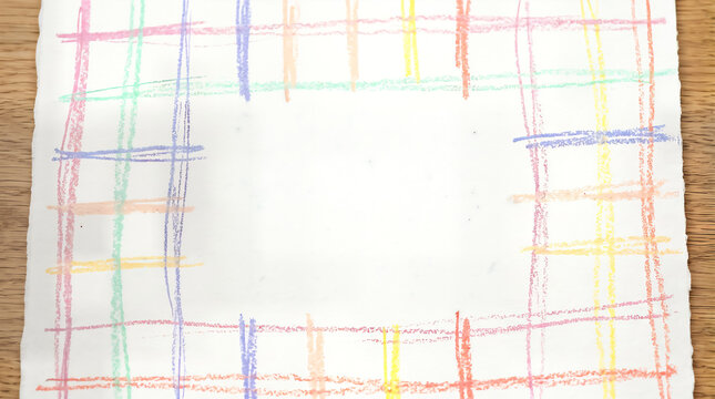 Hand drawn colorful pastel plaid grid frame on white paper with colorful