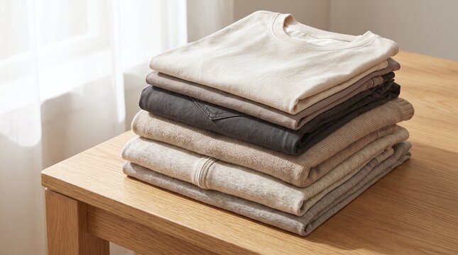 Stack of Folded Knit Sweaters on Wooden Table
