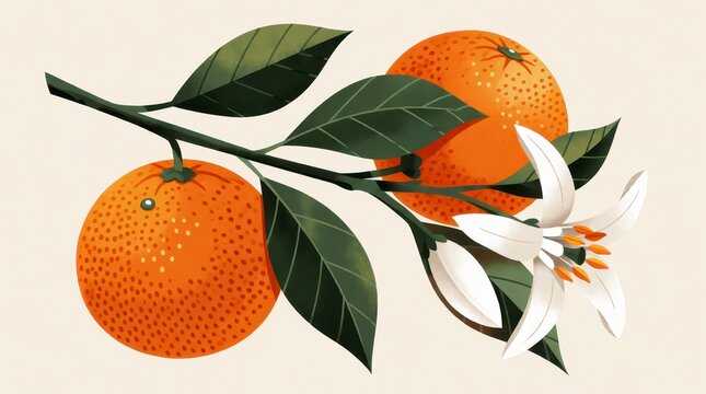Digital illustration of an orange branch with ripe citrus fruits and white blossoms on a light background