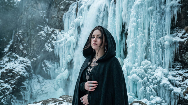 Mysterious woman in hooded black cloak and ornate silver amulet standing before frozen icy waterfall