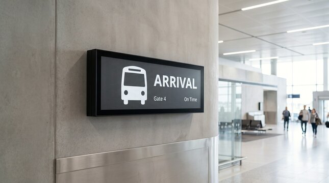 Digital arrival sign with bus icon directing passengers to gate in modern airport terminal
